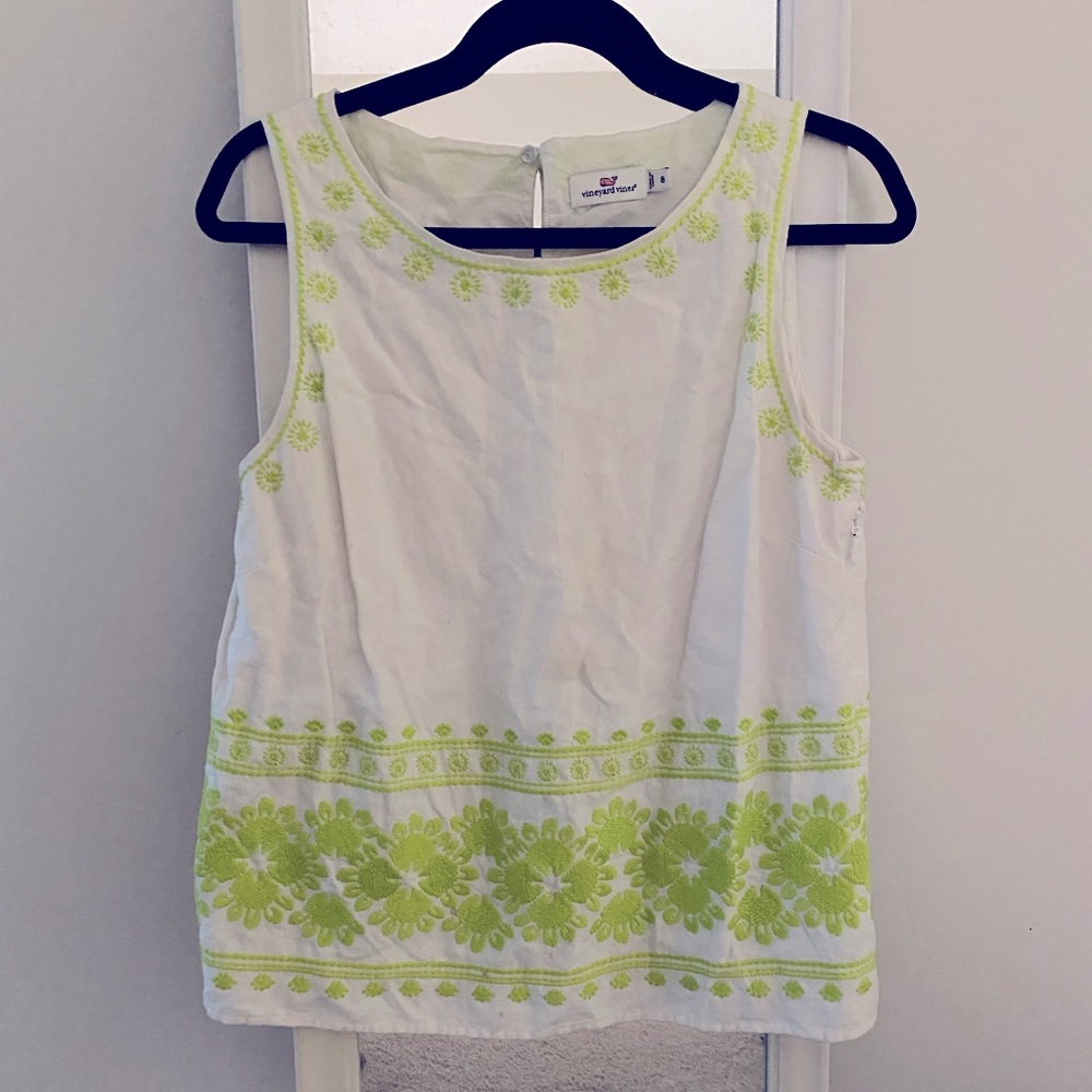 Vineyard Vines Embroidered Neon Green White Cotton Tanktop Size 8